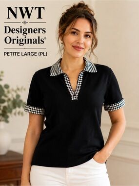 NWT Designers Originals Cotton Stretch Knit Sweater PL Houndstooth Trim